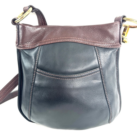 B Makowsky Black Leather Small Shoulder Crossbody Bag Brown Accents Push Lock - Picture 4 of 10